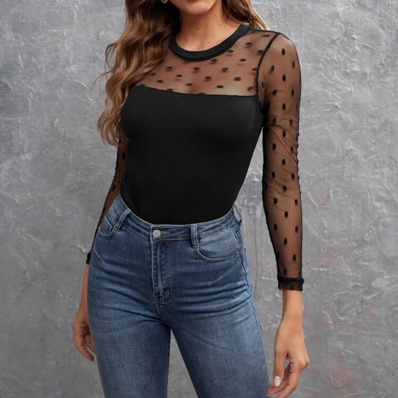 Black round neck contrast polka dot mesh slim fit long sleeve tee Sz S - Picture 4 of 7
